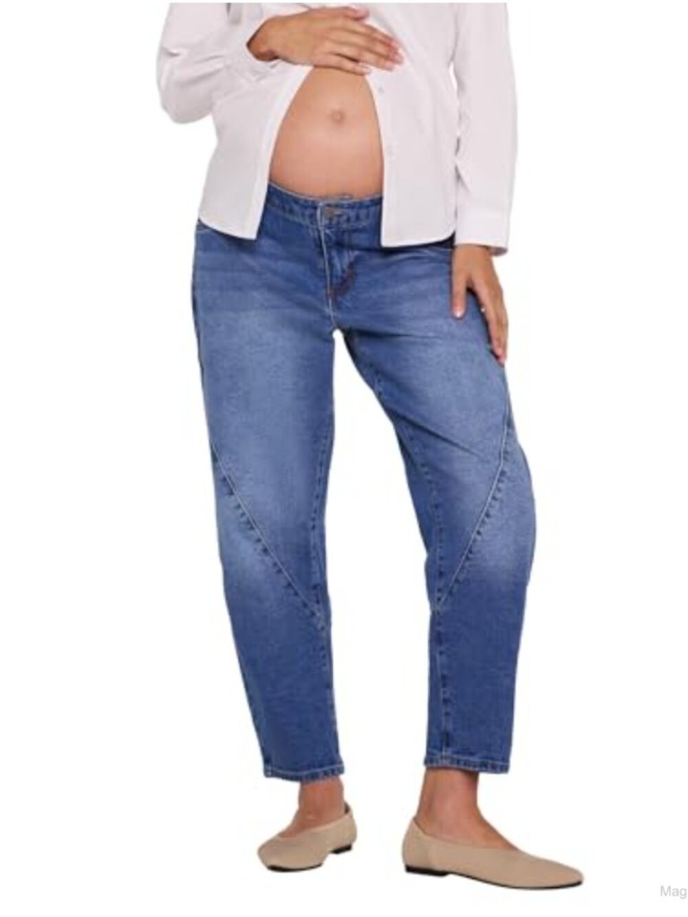Maternity Barrel Leg Jeans Elastic Waist Ankle Pregnancy Denim